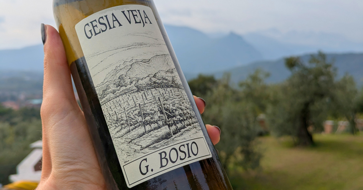 Fles Gesia Veja, een witte wijn van de zeldzame Baratuciat druif uit Piemonte, geserveerd als aperitief.
